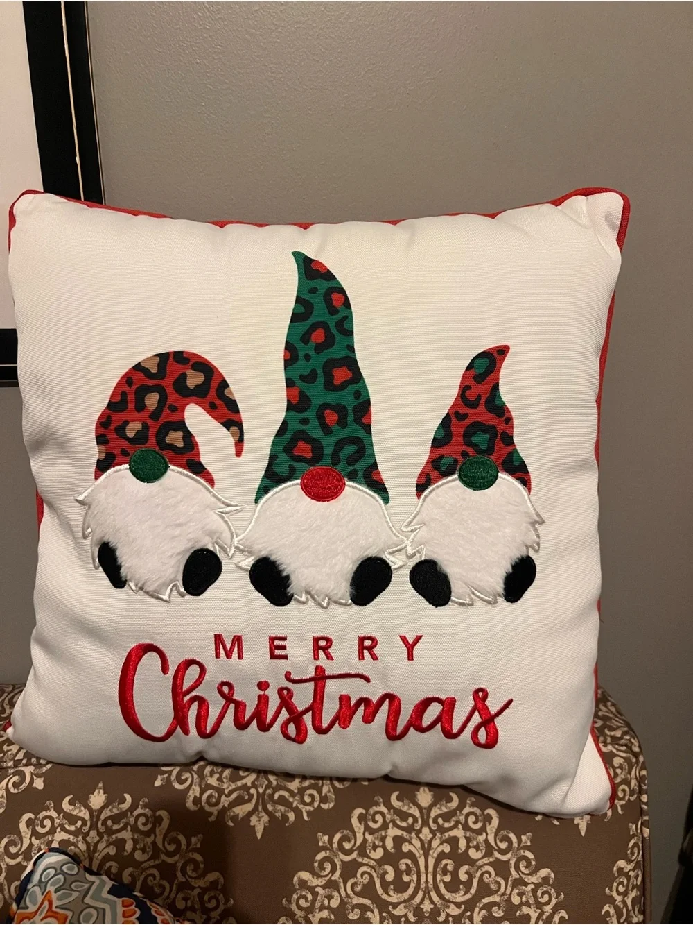 Holiday Gnome Throw Pillow - White with Red & Green Accent